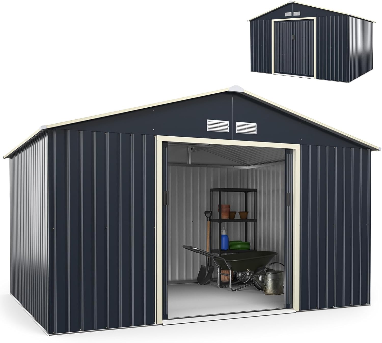 COSTWAY - abri de jardin métal, 340x255x210cm, 2 portes, aération, toit pentu