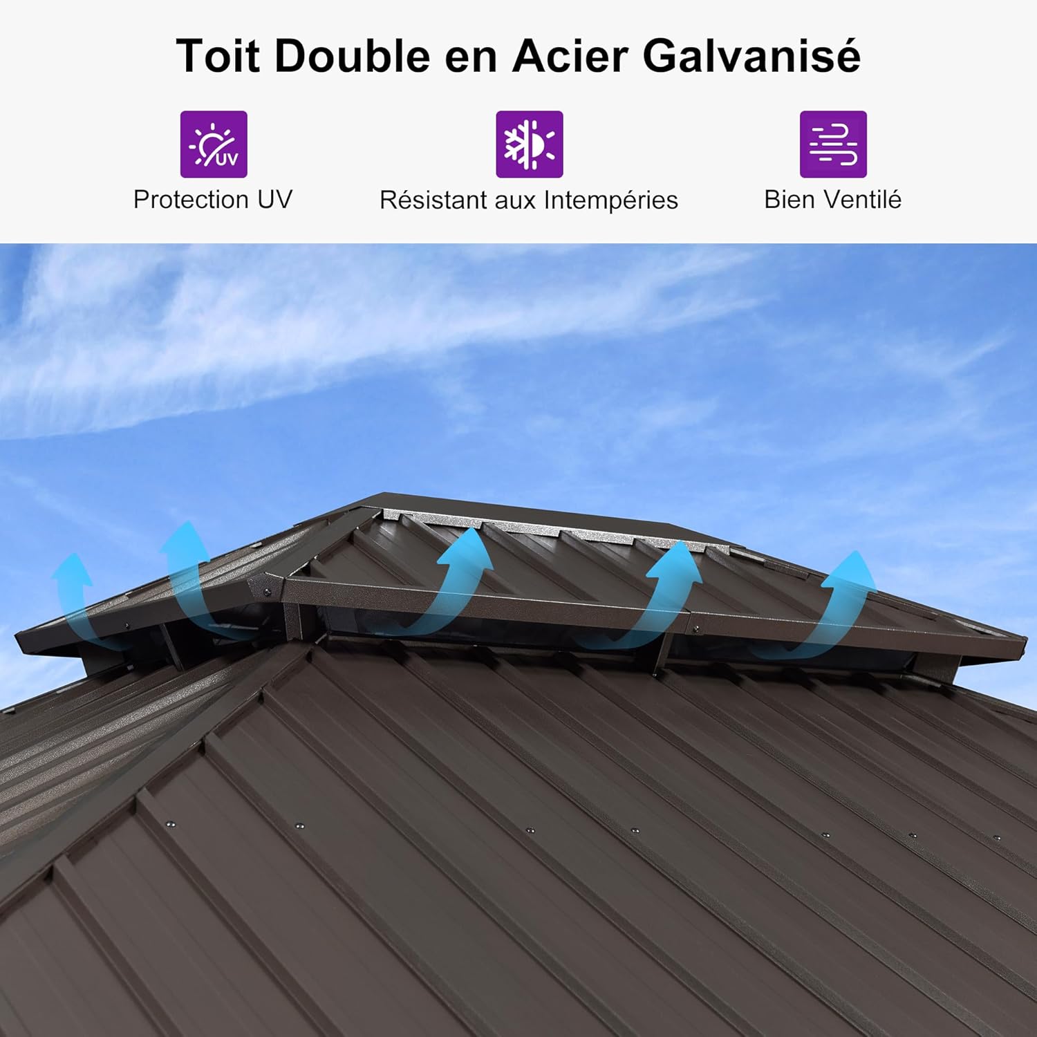 PURPLE LEAF - pergola double toit rigide 6x3,65m, aluminium, guirlande, rideaux