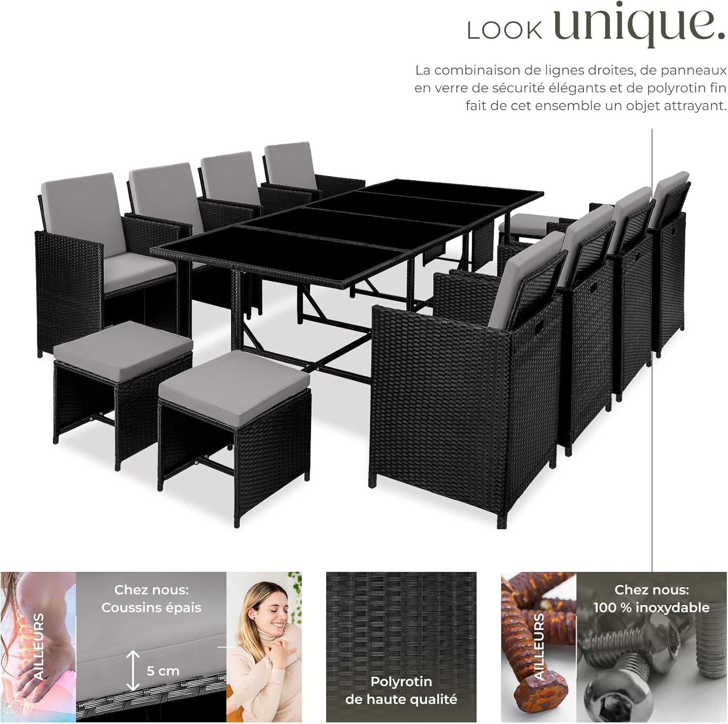 tectake - Salon de jardin résine tressée 8 chaises 4 tabourets table - ensemble repas extérieur terrasse balcon - Noir/G