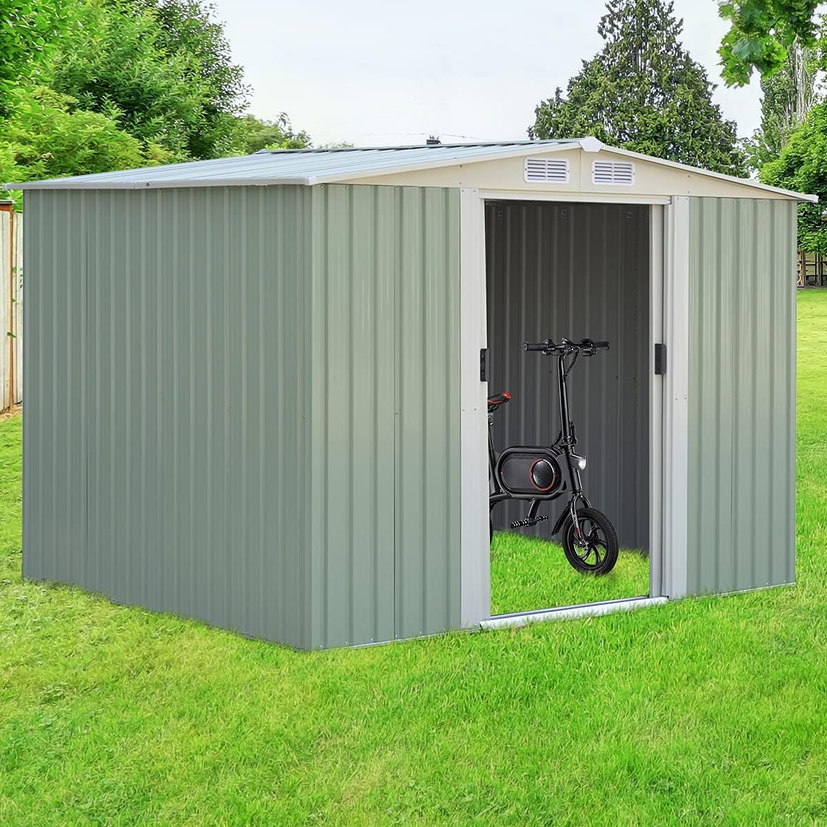 GOPLUS 4,75㎡ Abri de Jardin Métal Galvanisé, Cabine de Jardin Extérieur Portes Coulissantes, Résistant aux Intempéries, 8,34m³, Cabane de Rangement à Outils, 205 x 257 x 175 cm, Vert