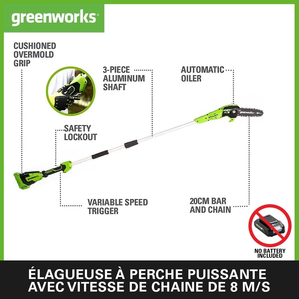 Greenworks G40PSF Élagueuse sur perche, Longueur des barres 8-Pouces (20 cm), Vitesse 8 m/s, 3,64 kg, Graisseur Automatique, Portée 2.58 m SANS Batterie 40V Ni Chargeur, Garantie 3 Ans