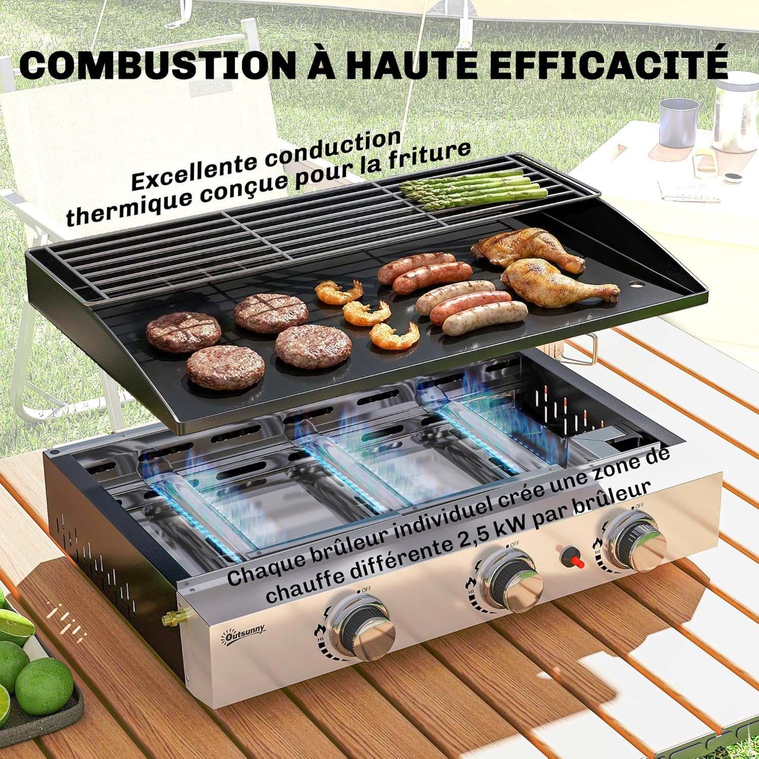 Outsunny - Plancha gaz série 3 brûleurs - 60x40 cm - plaque émaillée, grille maintien chaleur, acier inoxydable