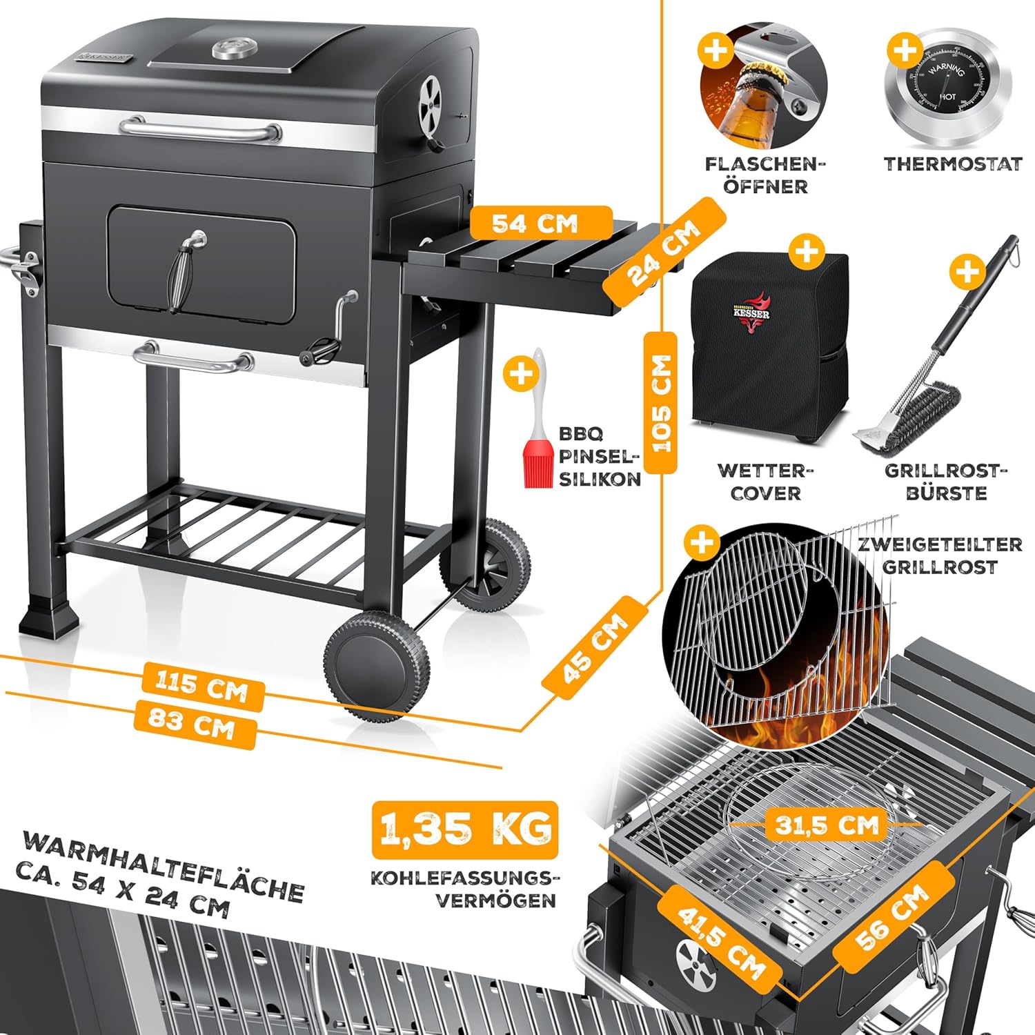 KESSER - Chariot XL barbecue à charbon avec couvercle, grille, roues, thermomètre, inox - Grill Chariot grand charbon