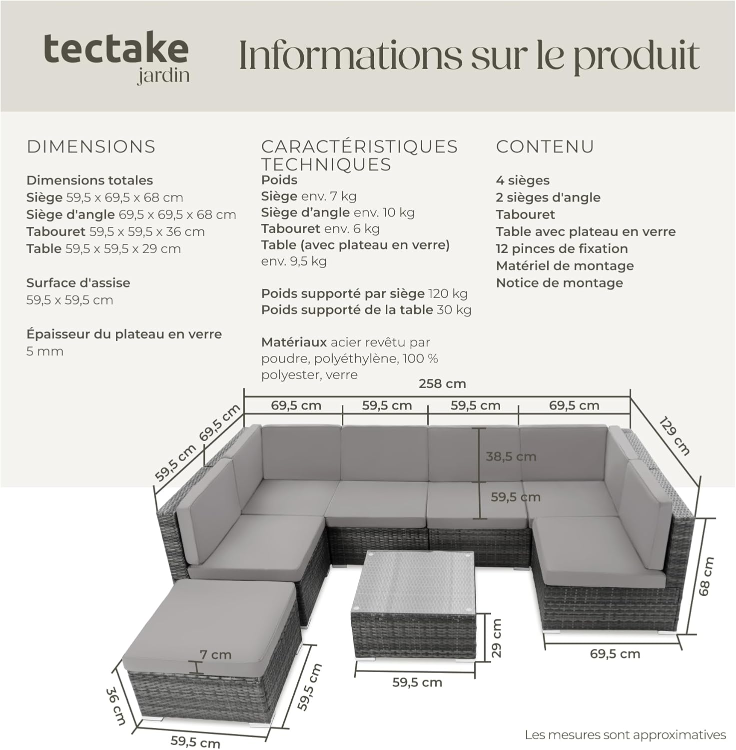 Tectake - Salon de jardin modulable 6 places - rotin, gris, confortable