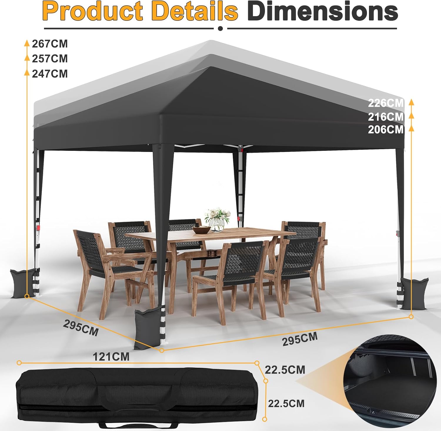 JUMMICO - tonnelle pliante - 3x3m - imperméable, hauteur réglable, anti-UV