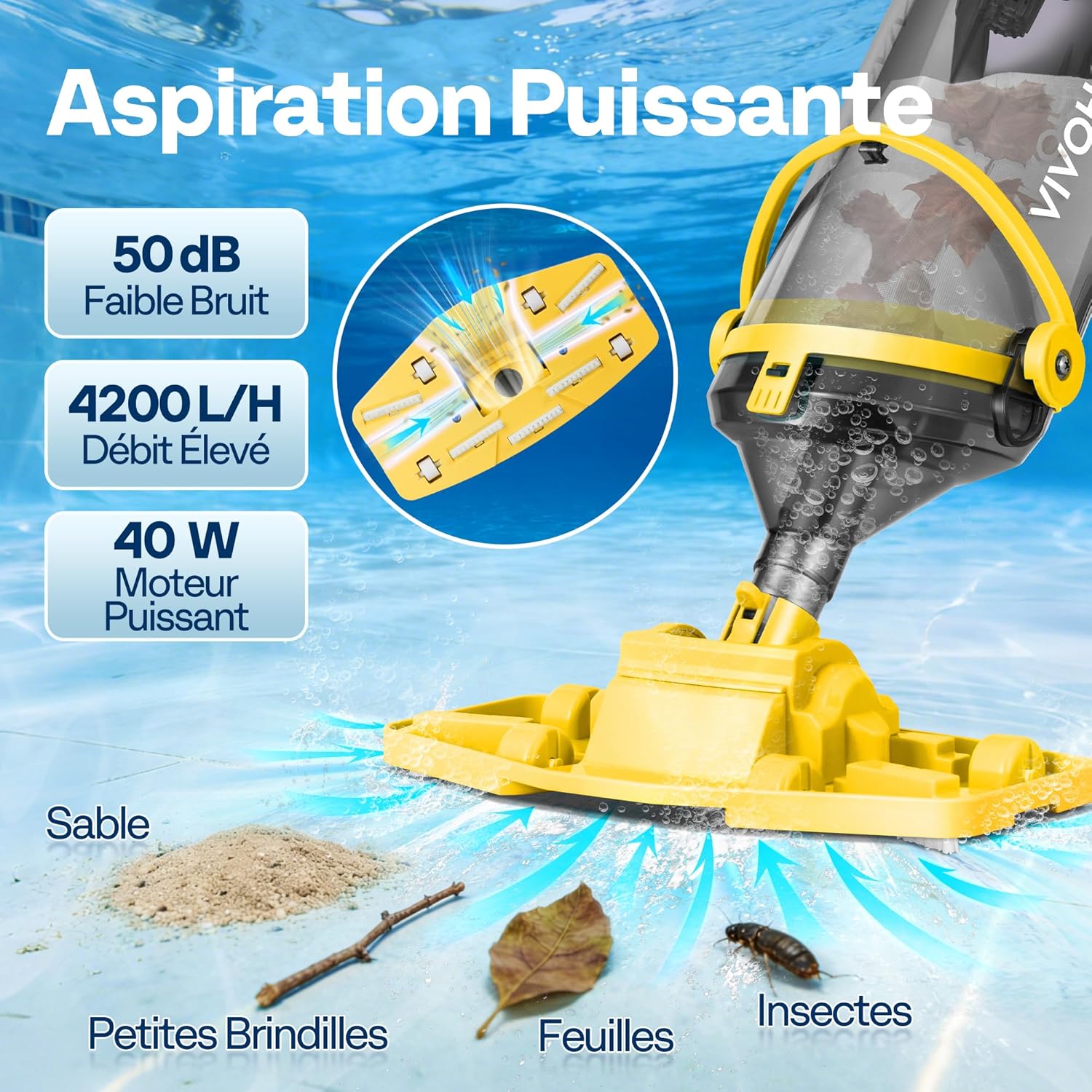 VIVOHOME - Aspirateur piscine sans fil - 278cm - 4200L/H, 4 filtres, autonomie 60min