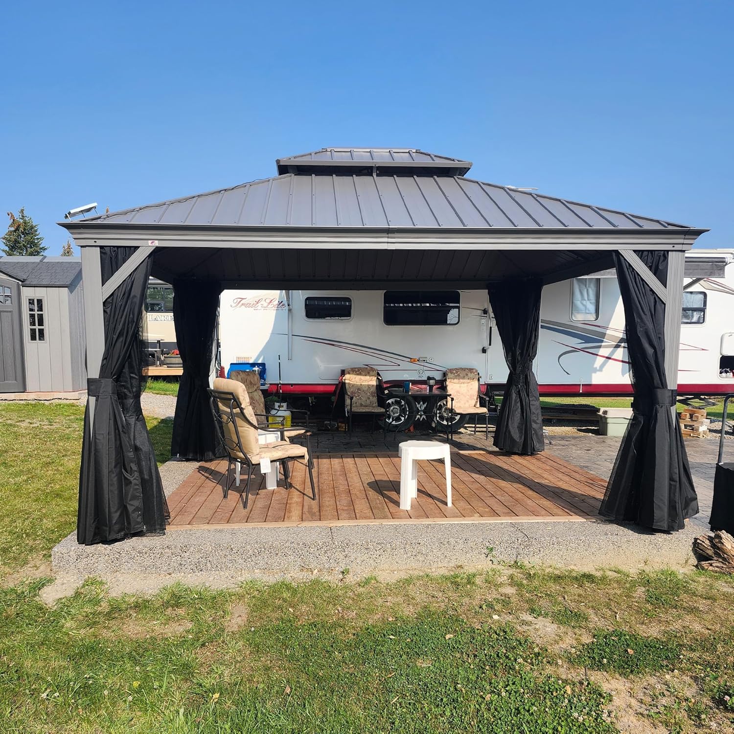 PURPLE LEAF - tonnelle jardin double toit - 3,65x4,25m - aluminium, moustiquaire, rideaux