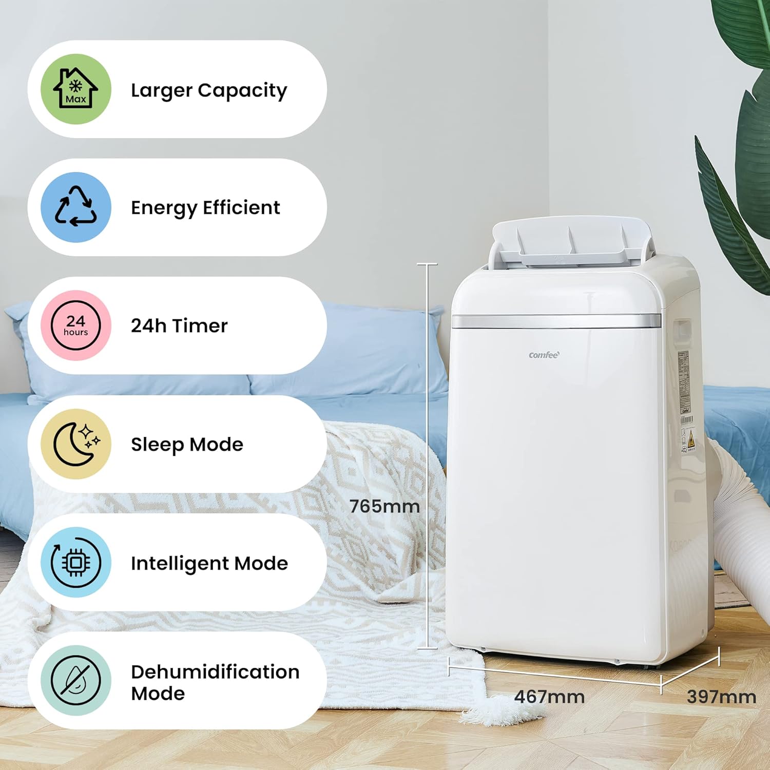COMFEE' - Climatiseur mobile, 10 000 BTU, 3 modes, économie d'énergie, pour 33㎡, kit d’évacuation, 2,9kW