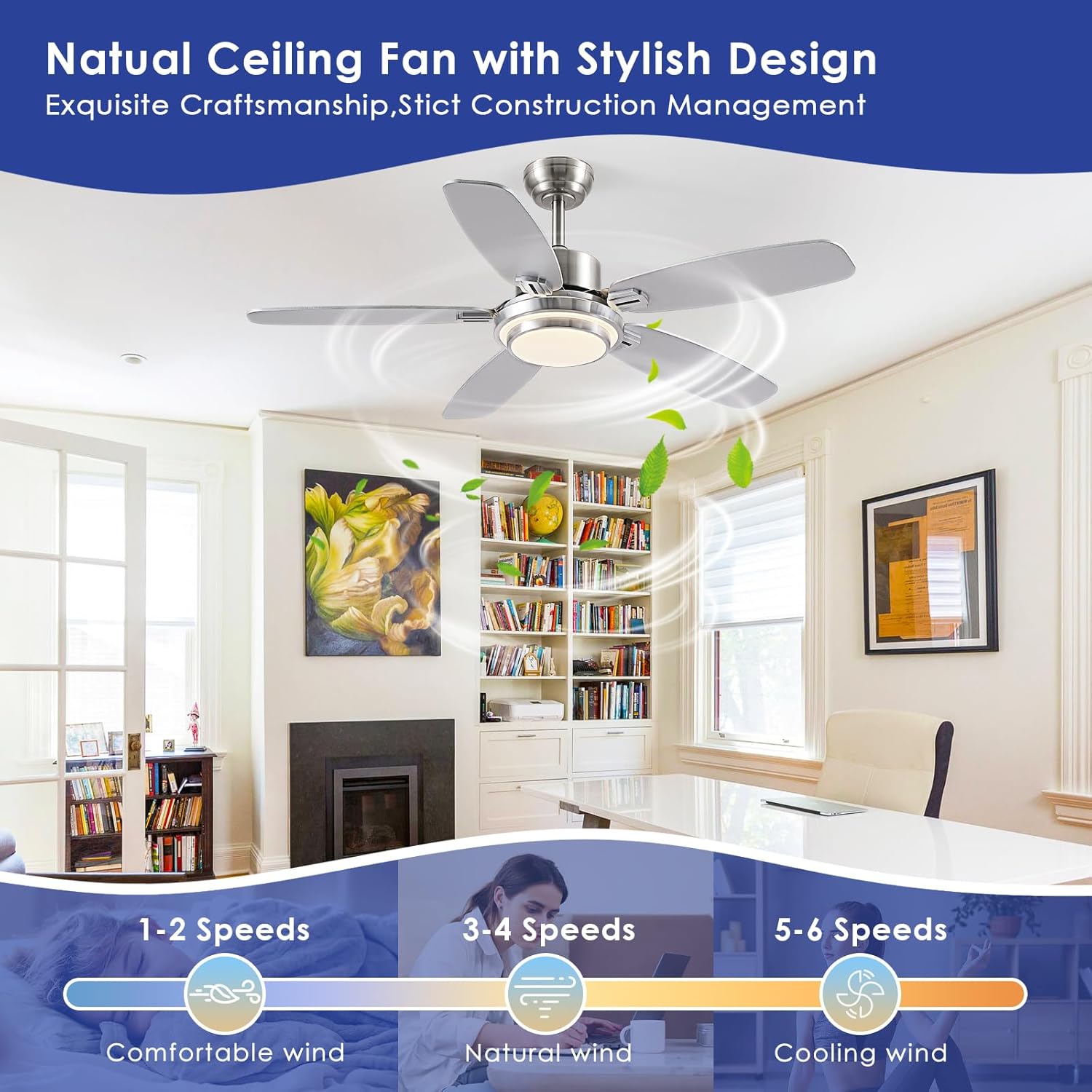 Kviflon - Ventilateur Connecté Série Moderne - 127cm, lumière, moteur DC silencieux, réversible