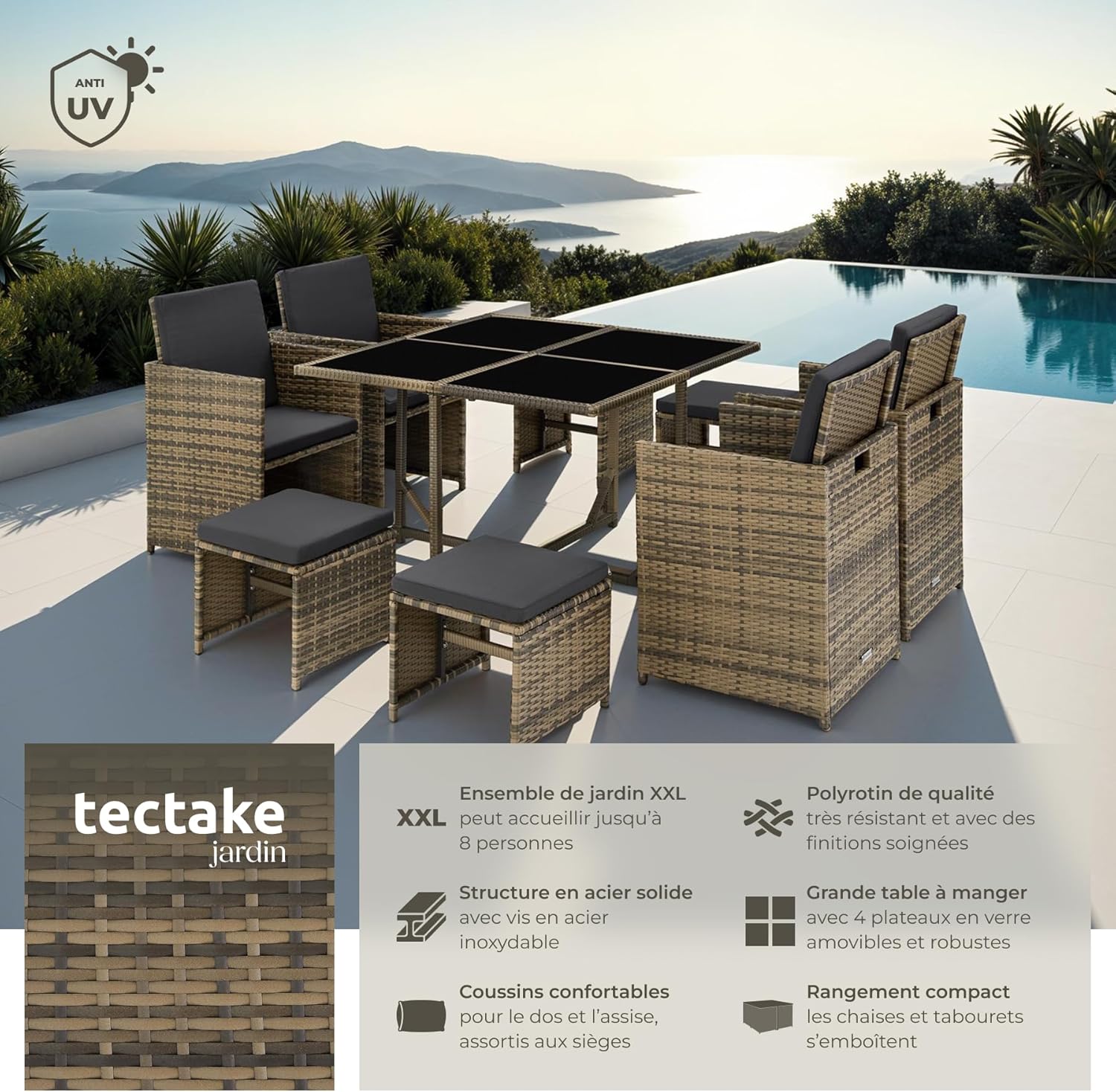 tectake - Salon de jardin polyrotin, 4 chaises, 4 tabourets, table, housse, marron