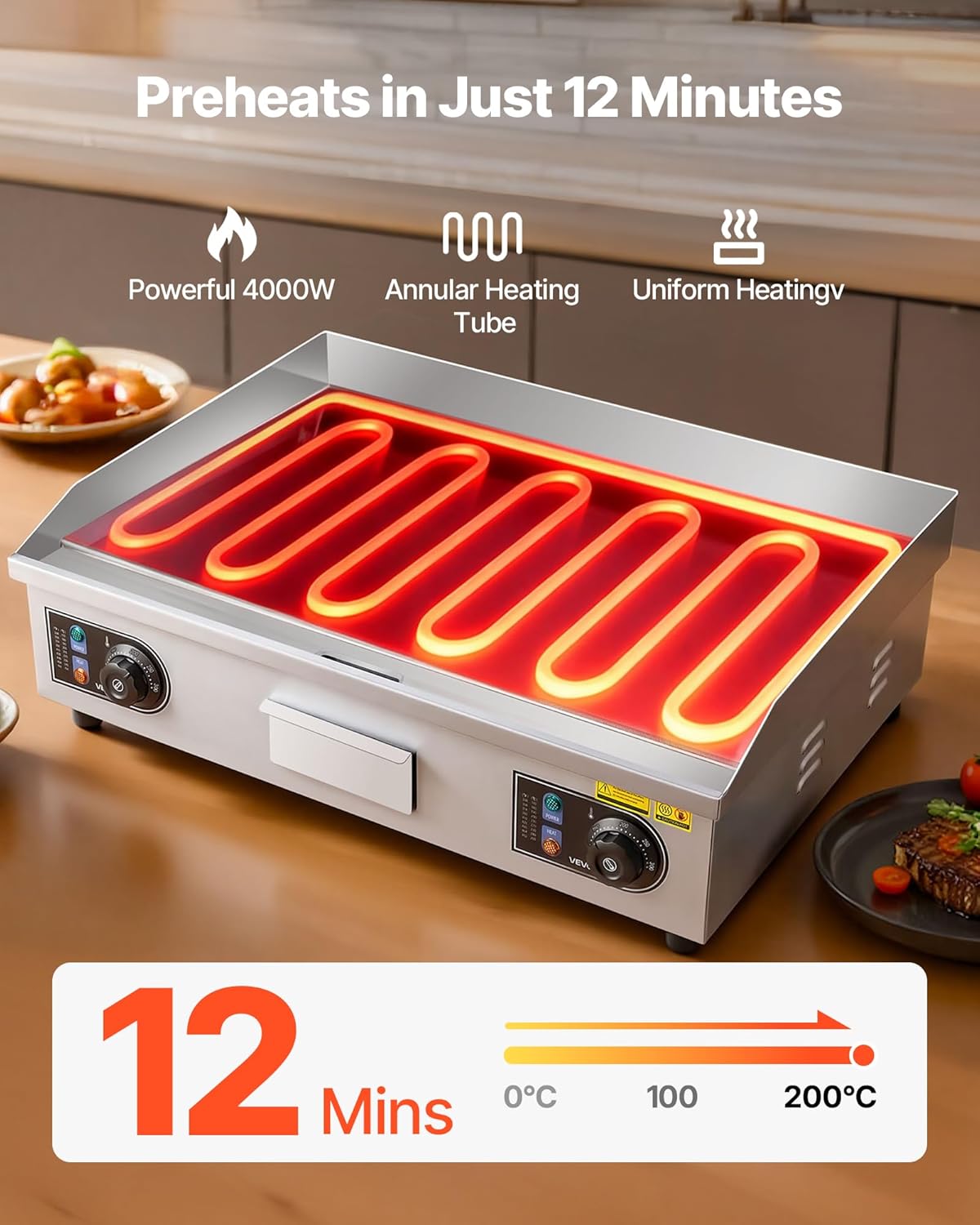 VEVOR - Plancha Électrique - 65,5x40 cm - 4000 W, température réglable, accessoires inclus