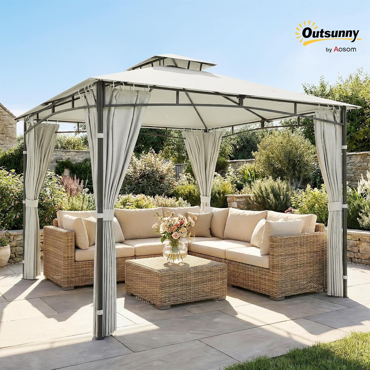 Outsunny - Pavillon rétractable 3x3m - toit double UV50+ crème