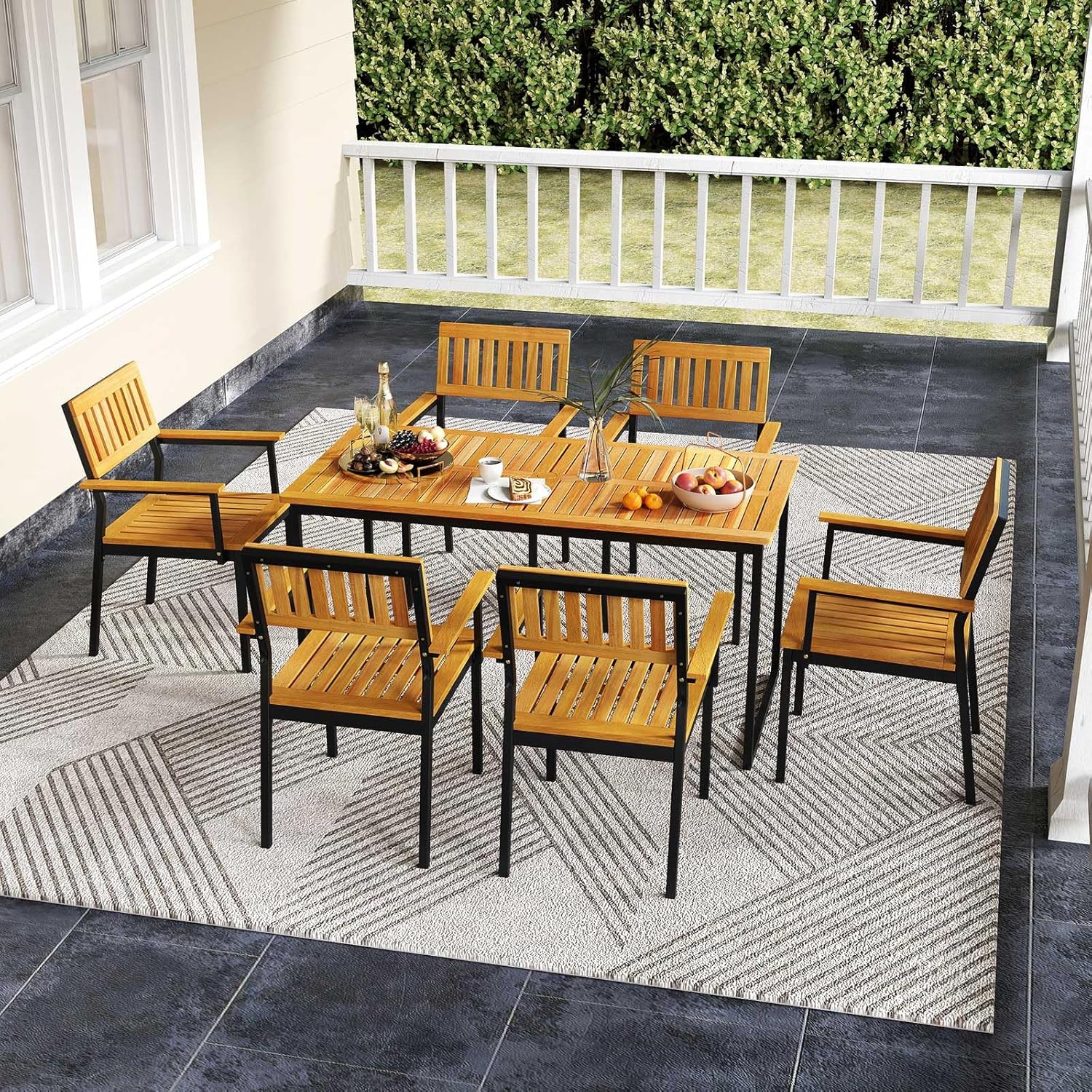 COSTWAY - Table de jardin 140cm, bois d’acacia, métal, trou parasol