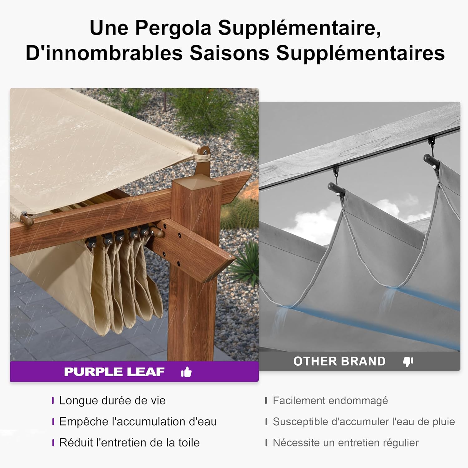 PURPLE LEAF - Pergola alu finition teck 4x3m - toile rétractable, rideau, kaki