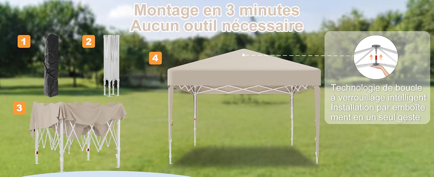 Le texte se lit comme suit : « Montage et utilisés adaptés à votre besoin ». Tente extérieure à baldaquin avec dessus en tissu beige et beige présentée dans un cadre vert, illustrée avec les tables d'appoint correspondantes et le schéma des instructions de montage.