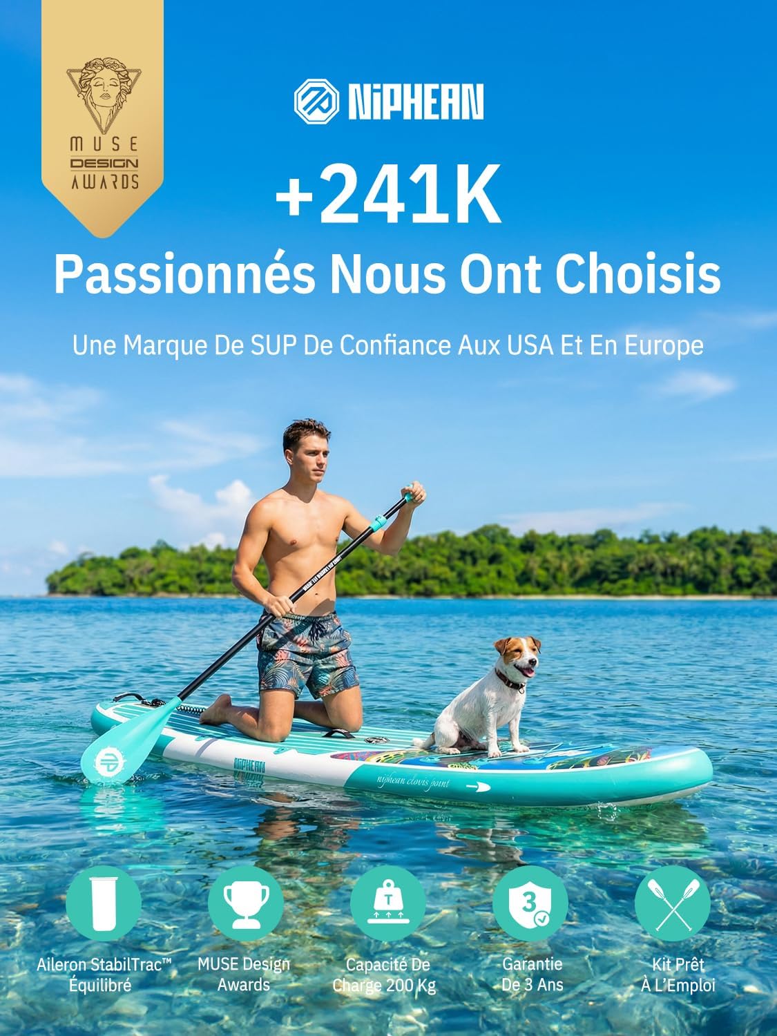 Niphean Paddle Gonflable Adulte avec Tous Les Accessoires, 320cm Planches de Stand Up Paddle Gonflables pour Tous Les Niveaux, Sup avec Capacité 200 kg pour 2 Personnes, Paddle Gonflable avec Siège