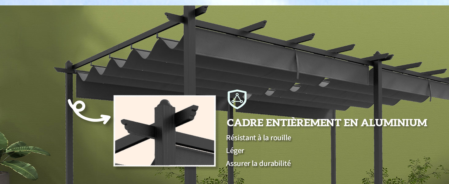 Pergola en aluminium noir avec auvent rétractable. Le cadre est doté d'une construction robuste et d'une housse en tissu ajustable pour contrôler l'ombre dans les espaces extérieurs.
