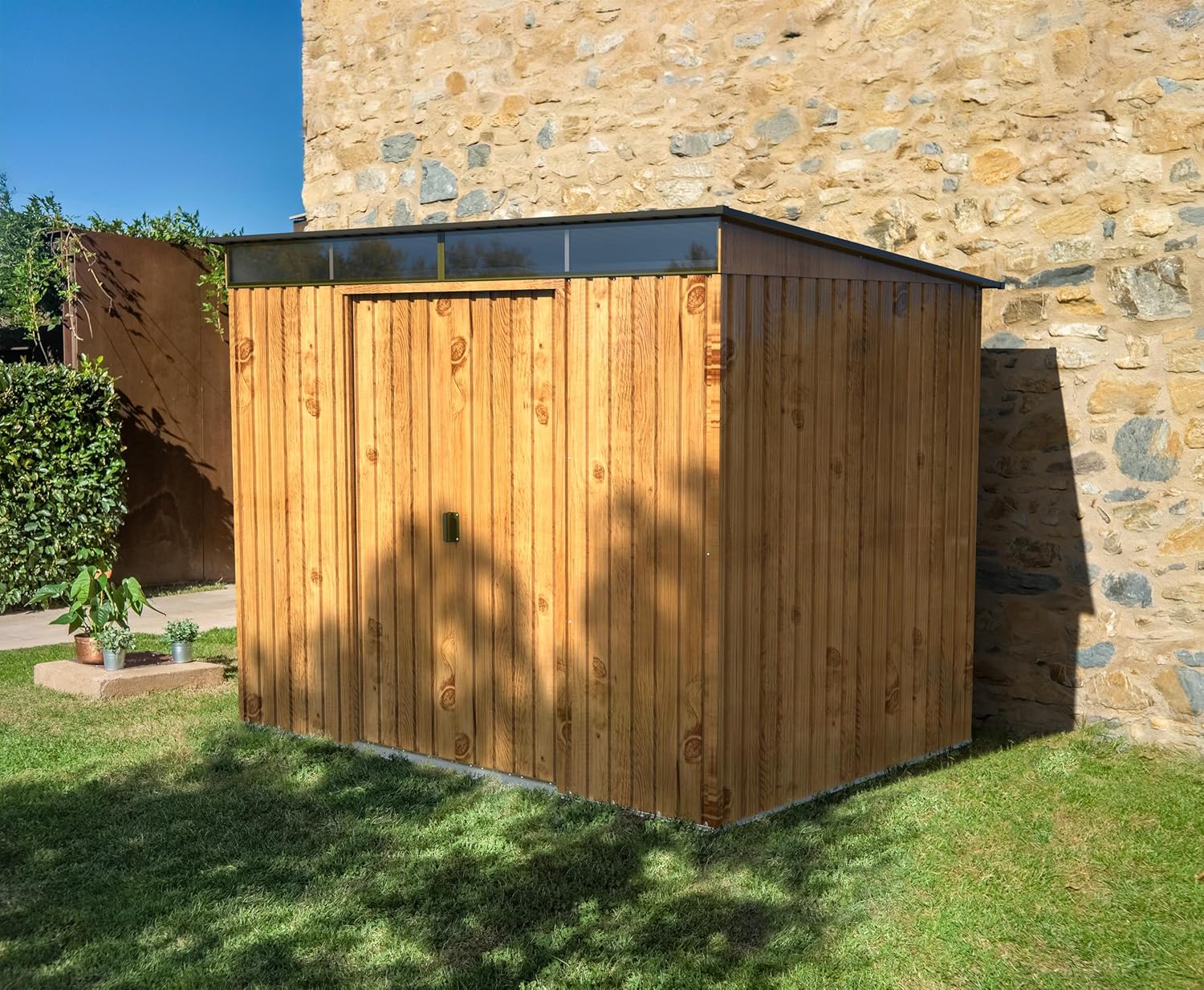 Duramax TOP Pent Roof Skylight 8 x 6 (4.37 m²) Abri de jardin en métal, fabriqué en acier galvanisé, structure de toit renforcée, lucarne intégrée pour la lumière du soleil, Grain de bois