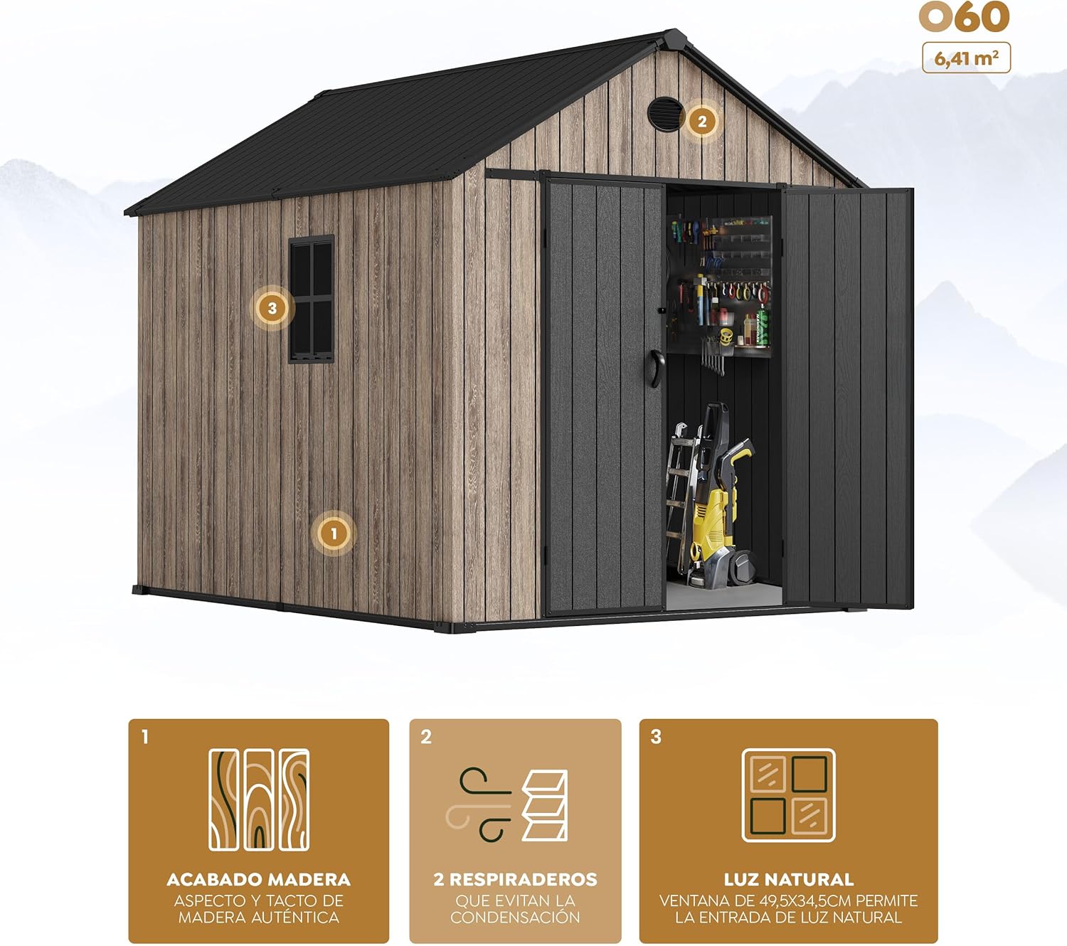 Hoggar Abri de jardin en résine 6,41 m² Oak O60 - Sol inclus - Fenêtre latérale - Aspect bois premium - Double porte large - Protection UV et imperméable - Fermeture par goupille - Ventilations