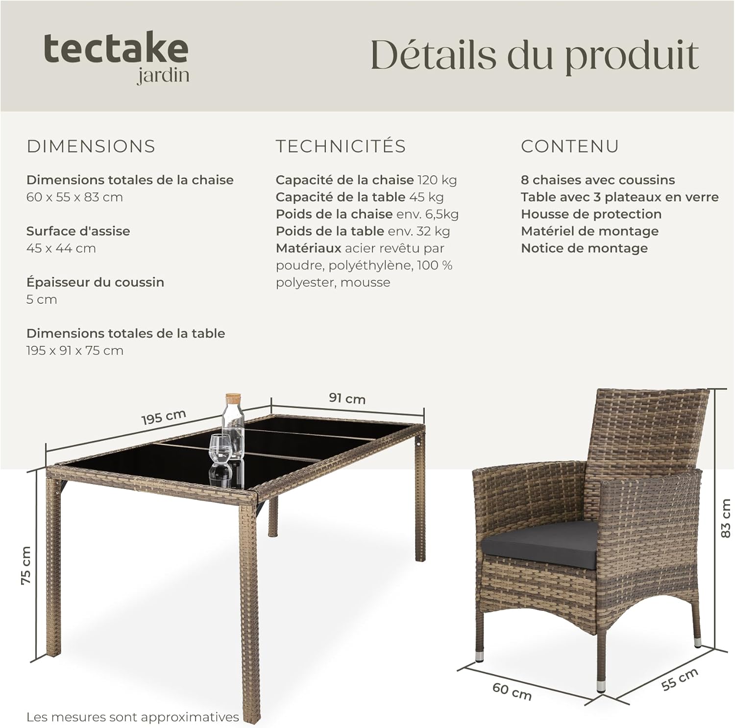 tectake - Salon de jardin rotin, 8 fauteuils, table, housse, confort, marron naturel/gris foncé