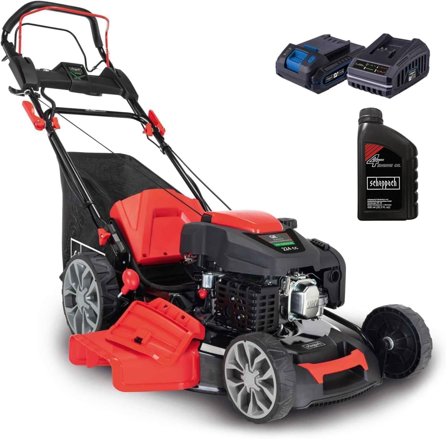 Scheppach Tondeuse à Gazon Hybride MS225-56E - Moteur à Essence 4 Temps de 6 CV - 224 cm³ - Largeur de Coupe 56 cm - Batterie + Chargeur Inclus (avec Huile Moteur)
