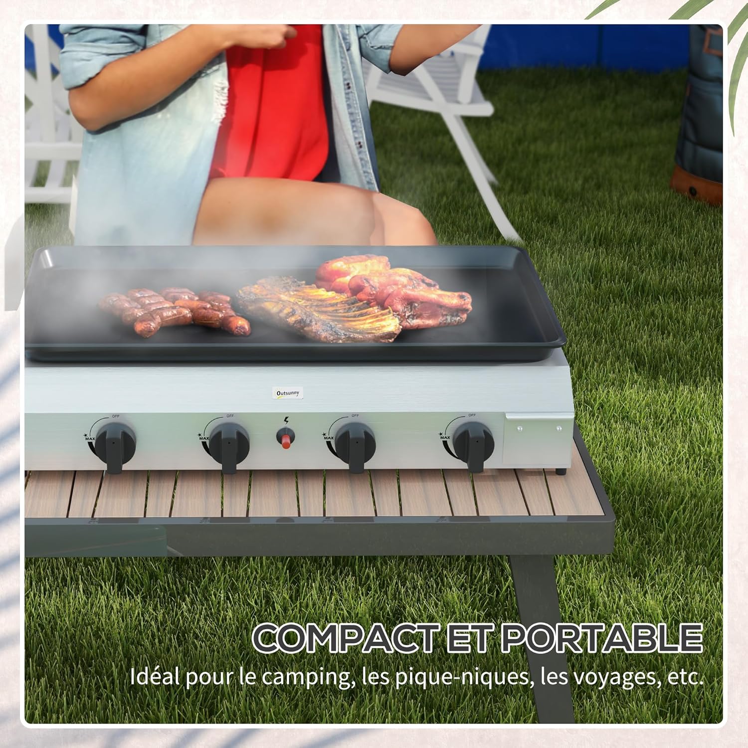 Outsunny - plancha 4 brûleurs - 73x34 cm - acier inox émaillé, 9,6kW, grande surface