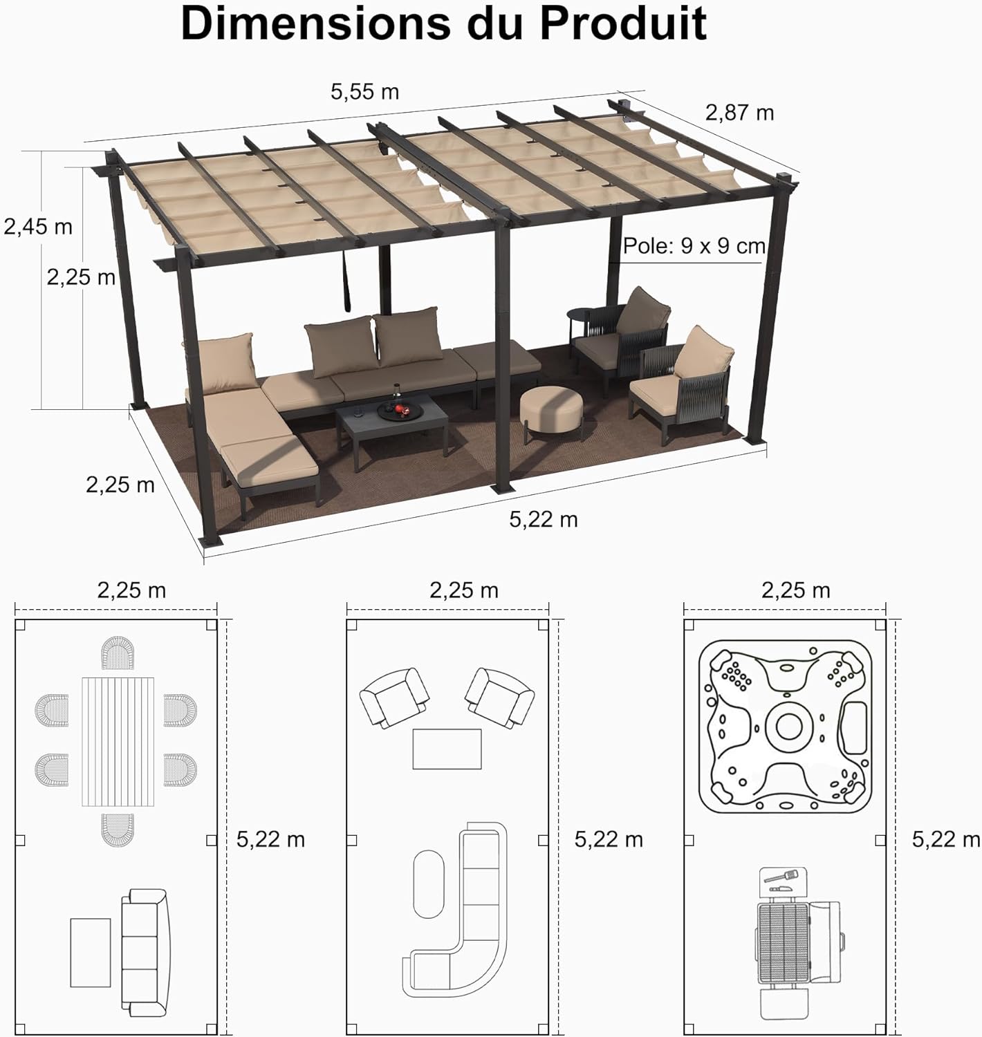 PURPLE LEAF - Pergola aluminium 5,5x3m toit coulissant extérieur