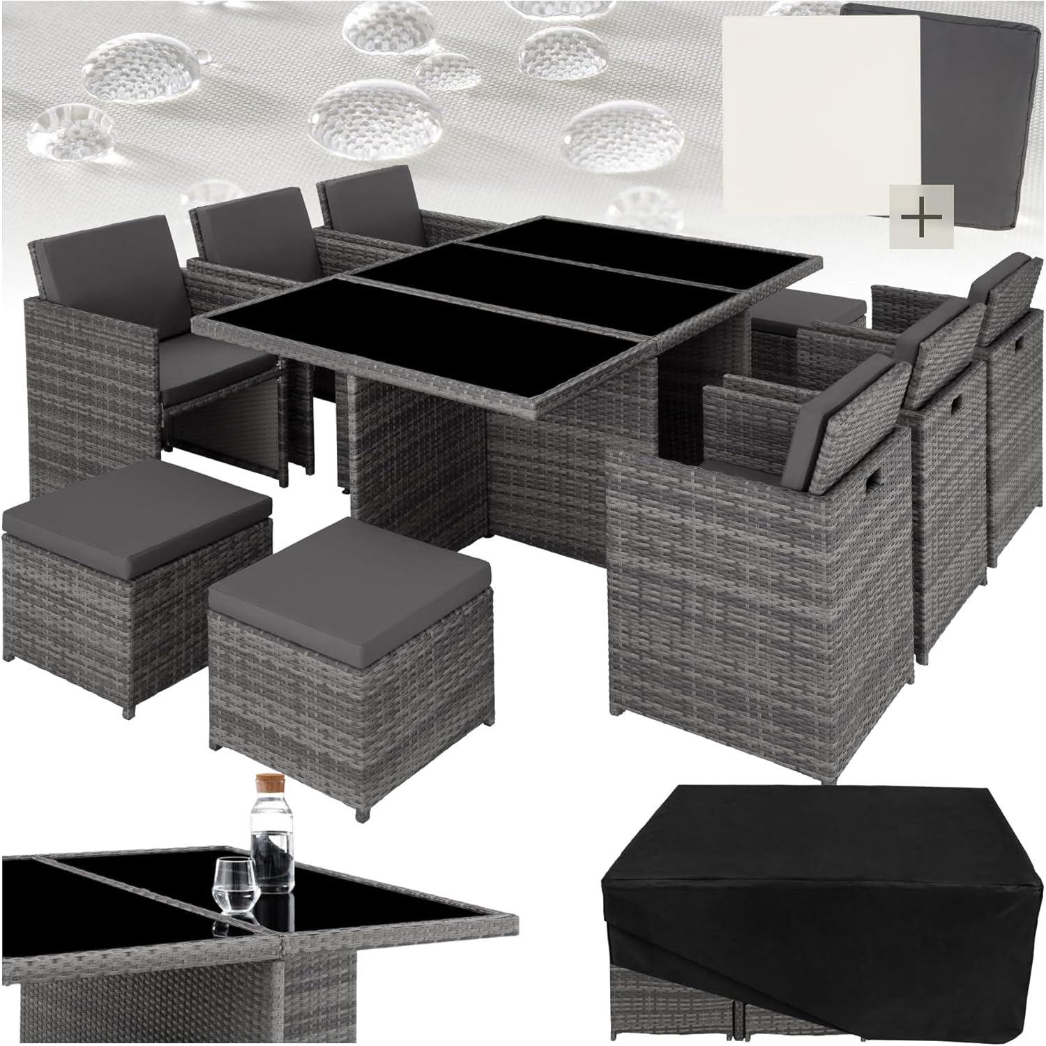 Tectake - Salon de jardin polyrotin 10 places, housses incluses, gris