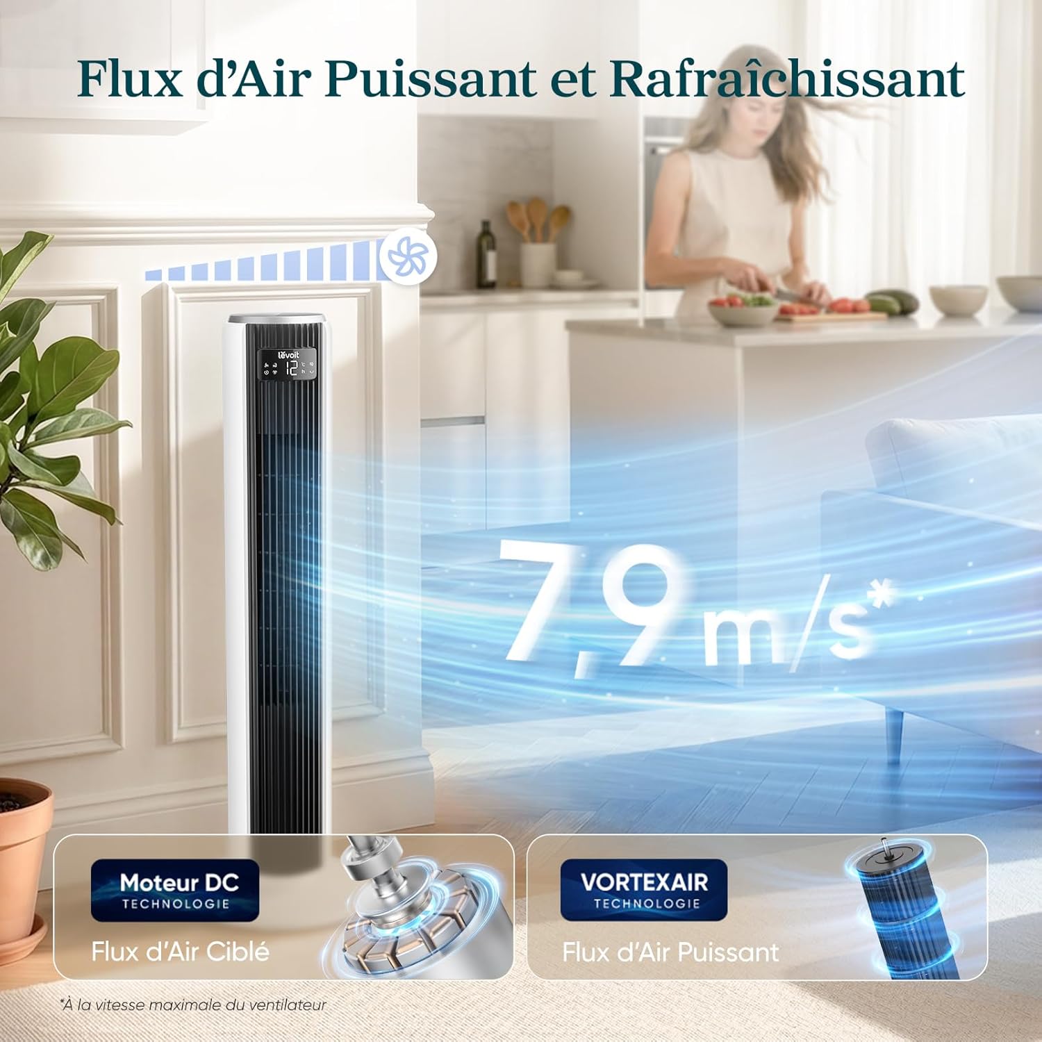 Levoit - Ventilateur colonne 26W - moteur DC, 12 vitesses, télécommande