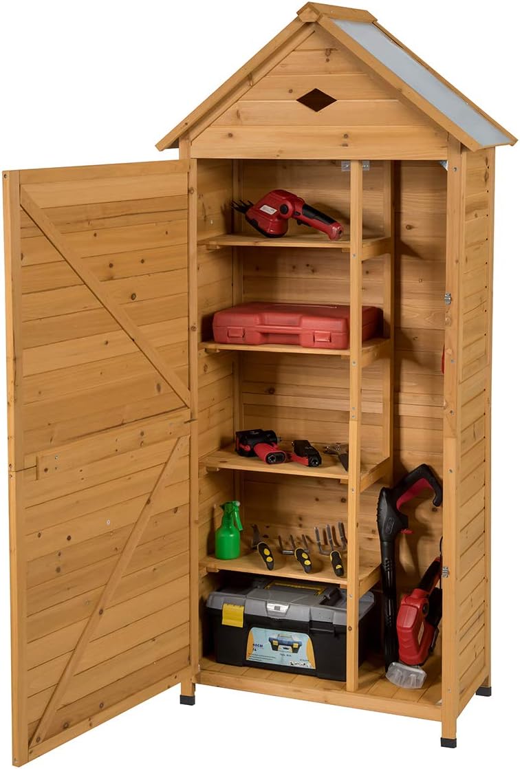 COSTWAY Armoire de Jardin Bois 5 Etagères, Abris de Jardin Bois Verrouillable en Bois de Sapin pour Outils de Jardin avec Etagères,Toit en Tôle Galvanisée pour Maison, Jardin, Cour