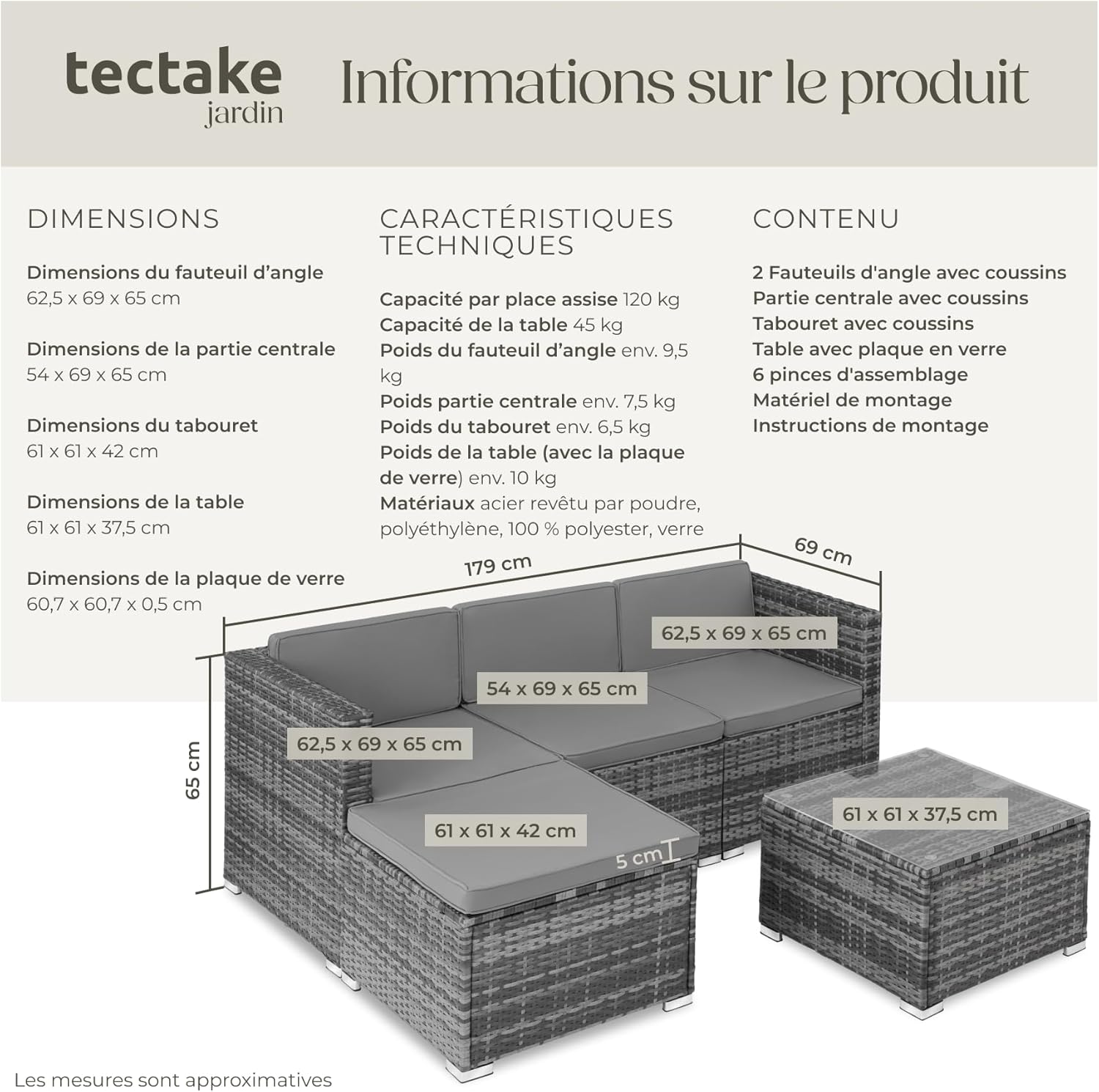 tectake - Salon de jardin modulable 4 places, poly rotin, table et poufs