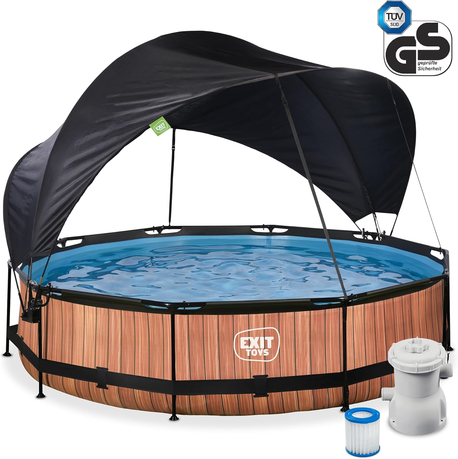 EXIT Toys Piscine Wood avec Voile d'Ombrage - ø360x76cm - Piscine Hors Sol Ronde avec Pompe Filtrante à Cartouche - Protection Optimale Contre Les Rayons UV - Entrée Basse - Design Unique - Marron