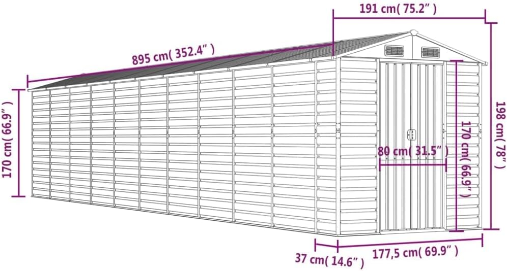 vidaXL Abri de Jardin, Cabane à Outils avec Poignées, Remise à Outils avec Toit Inclinable, Abri de Rangement Terrasse, Vert 191x895x198 cm Acier Galvanisé