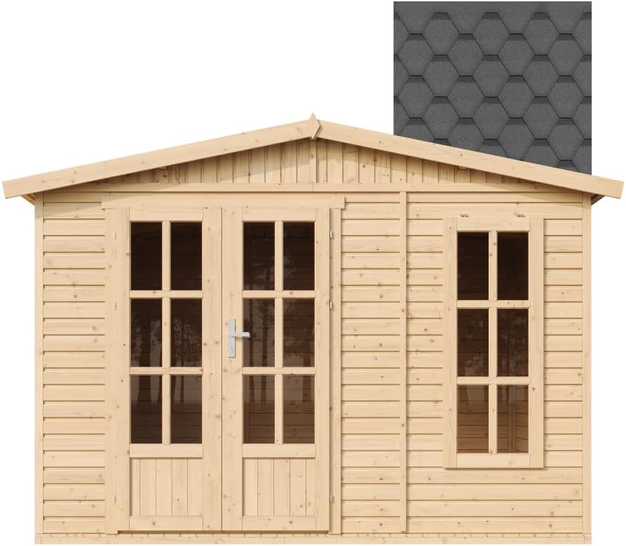 TIMBELA M334FB+H334FBBLACK Abri de Jardin en Bois 6 m² avec Sol, L332xP222xH232 cm – Chalet de Loisirs, Maison d'Été avec Bardeaux Bitumineux Noirs
