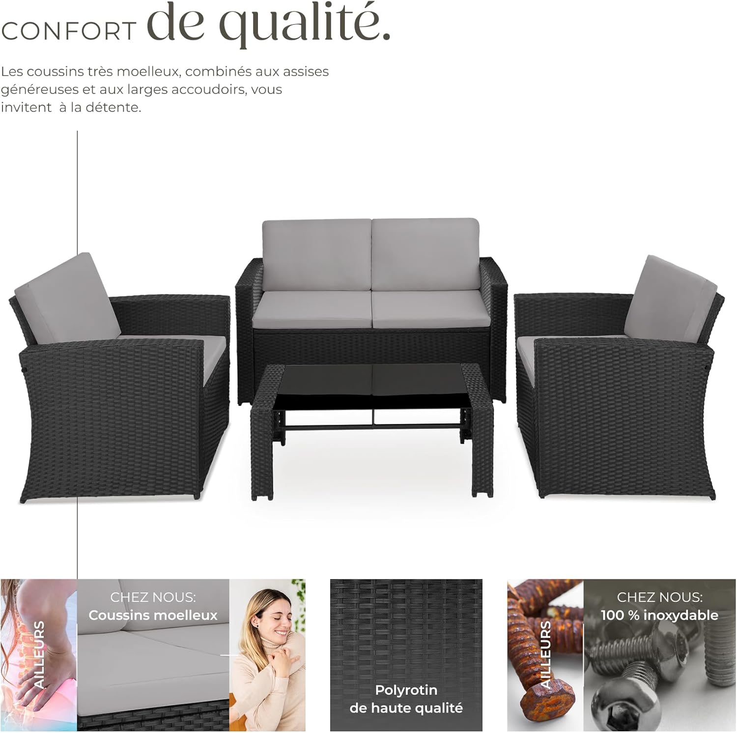 TecTake - Salon de jardin rotin 4 places - canapé, fauteuils, table, coussins confortables