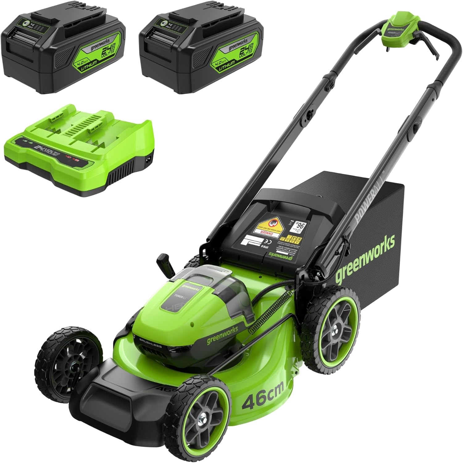 Greenworks 48V (24V x 2) Tondeuse Gazon Batterie sans Fil Autopropulsée, Largeur de Coupe 46cm, Sac 55L, Tondeuse Electrique Gazon Inclus 2 X 24V 4Ah et Chargeur Double, Garantie 3 Ans, MO48L424-01