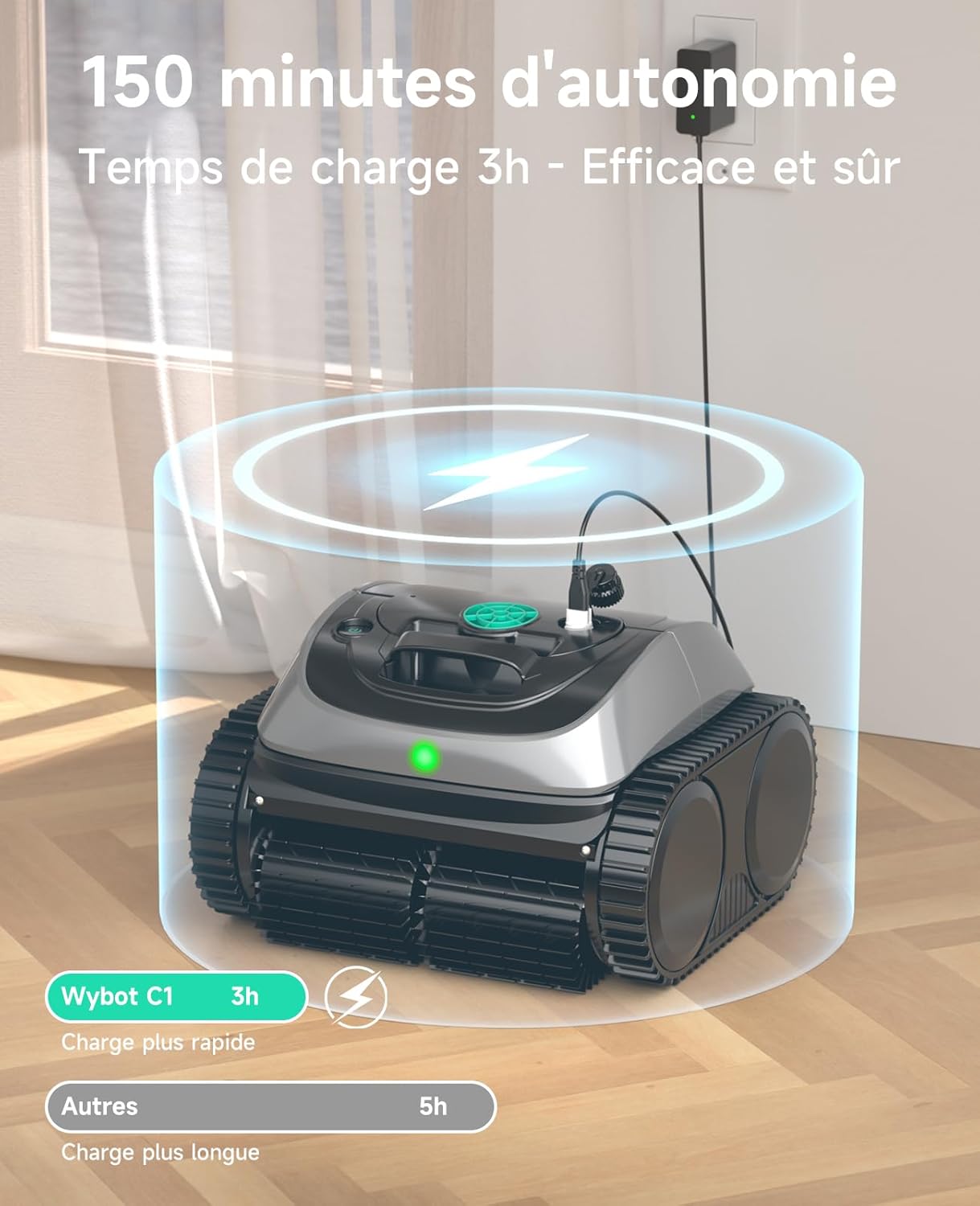 WYBOT C1 Robot Piscine Fond et Parois 150 Min Aspirateur Piscine avec Planification Intelligente des itinéraires, Nettoyage entièrement Automatique du Sol, 150m² Nettoyage Rapide(Vert Gris)