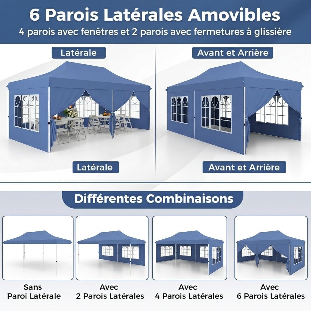 GOPLUS - tonnelle pliante - 3x6m - imperméable, sac de transport, 6 bâches