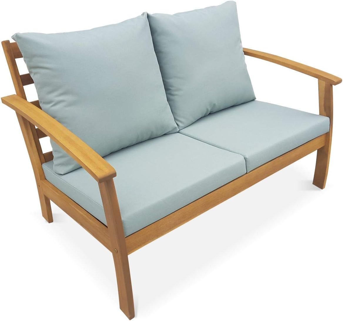 Alice's Garden - Ushuaïa - Salon de jardin bois 4 places, coussins verts, canapé, fauteuils, table basse