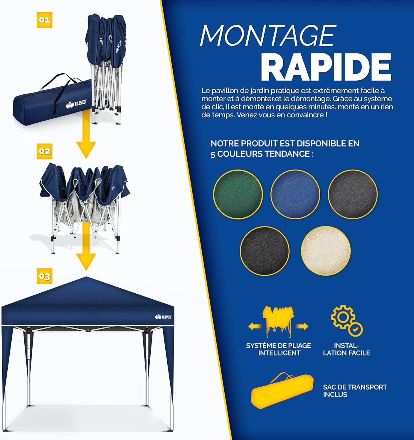 tillvex Tonnelle de Jardin 3 x 3 m Pliable | Tente Pliante à Hauteur réglable | Auvent pour Camping, Festival, Plage | Protection UV 50+ | Chapiteau avec Sac