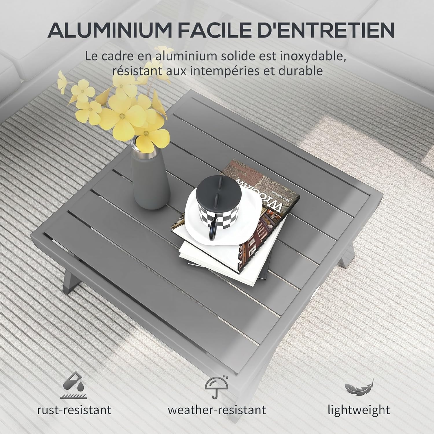 Outsunny - Salon de jardin d’angle 4 places, alu/acier, banquettes, table basse, gris