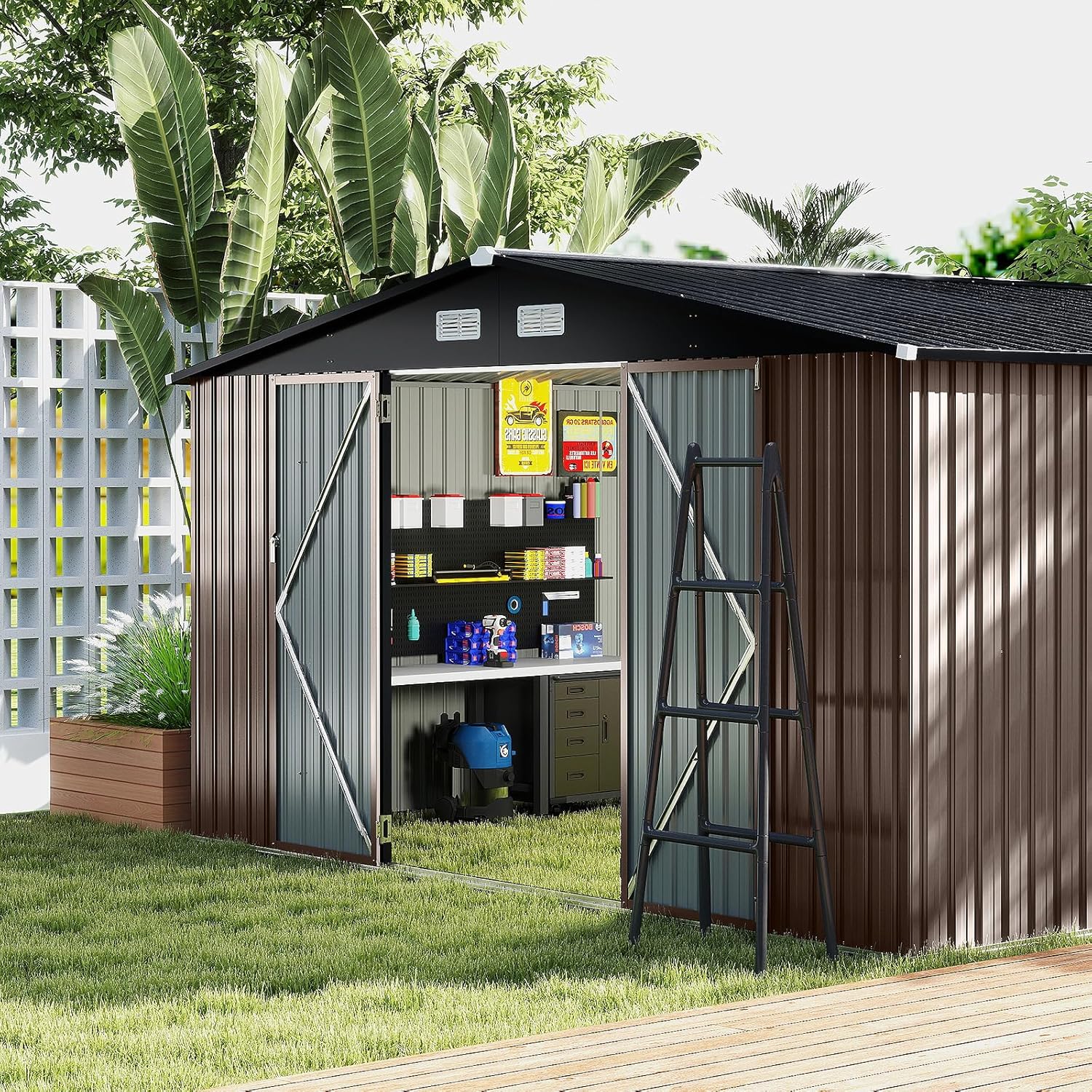 Costway - abri de jardin métal, 12m², toit double pente, double porte, 4 aérations