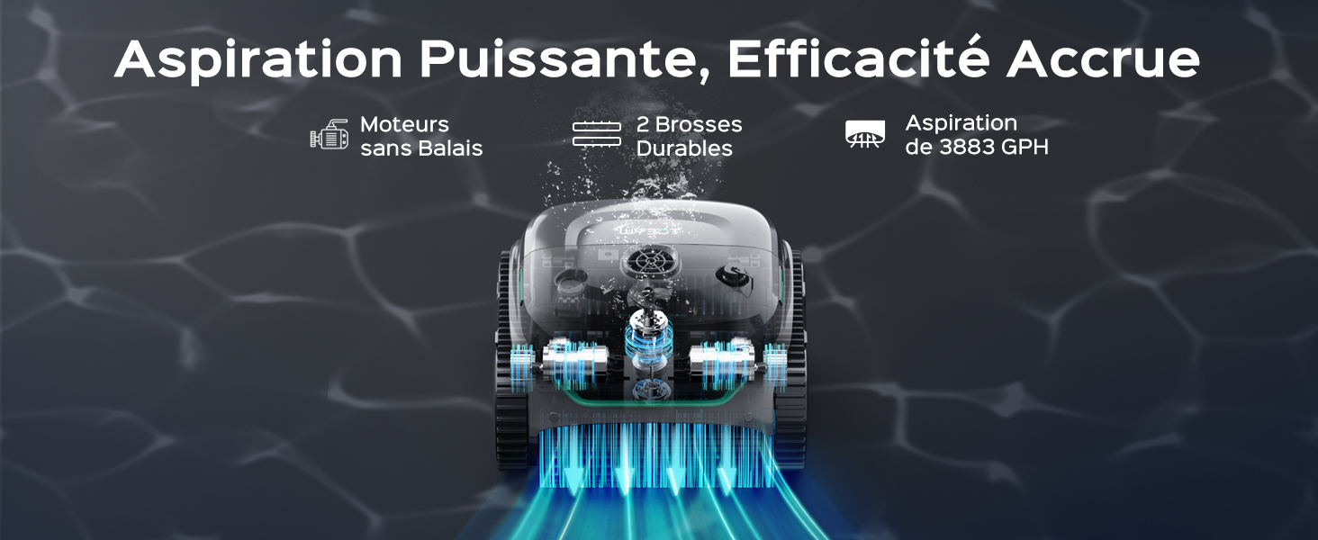 Le texte se lit comme suit : « Aspiration puissante, efficacité accrue » (Aspiration puissante, efficacité accrue). Image promotionnelle foncée avec jet d'eau bleu et produit aspirateur illuminé.