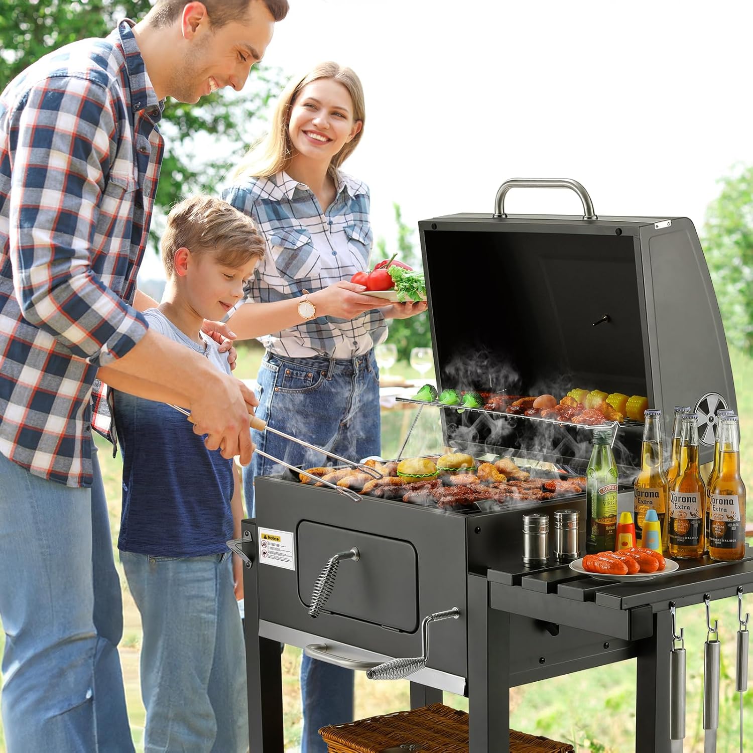 TLSUNNY - Barbecue XL sur chariot, couvercle, roues, thermomètre TLSUNNY