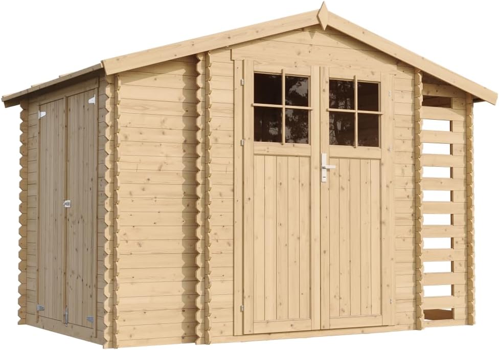 TIMBELA – abri de jardin bois avec range-bûches, 206x328x218 cm, avec sol traité – M389F+M389G