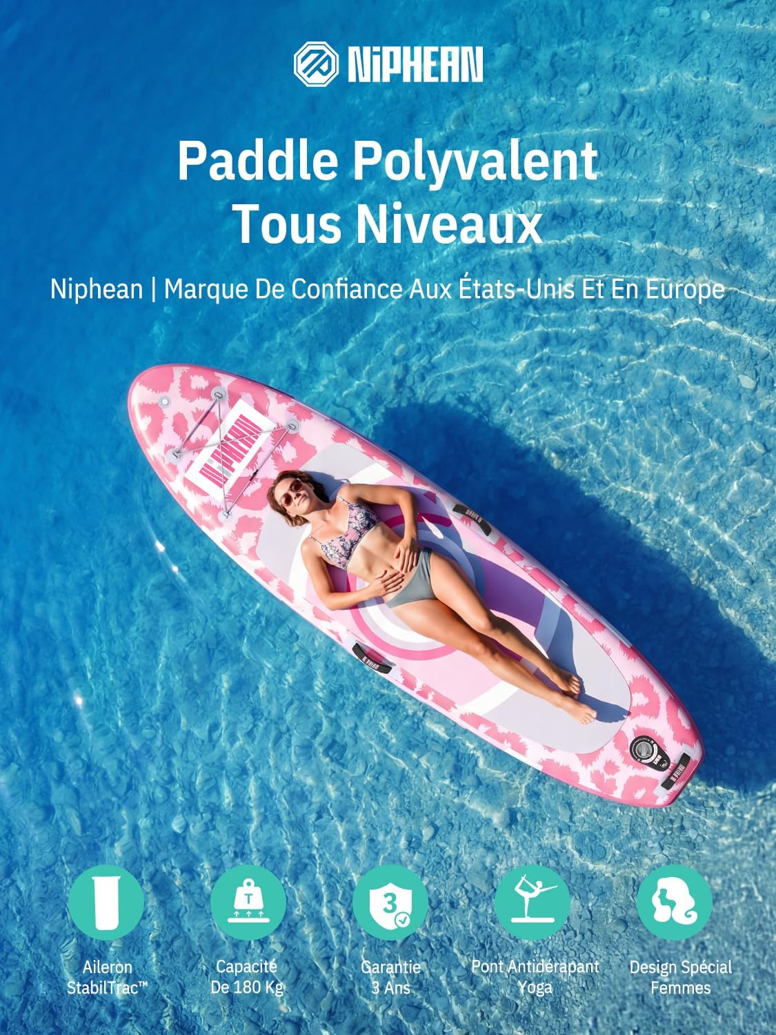 Niphean - Paddle gonflable adulte avec siège, ultraléger, antidérapant, stabilisateur, idéal yoga