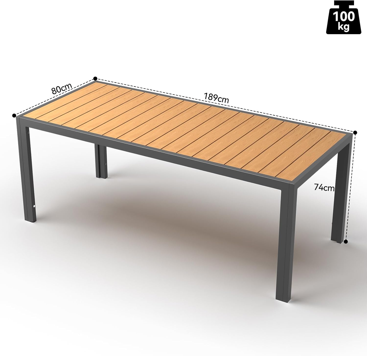 JUMMICO - Table jardin aluminium aspect bois 189x80cm, 6-8 pers, teck