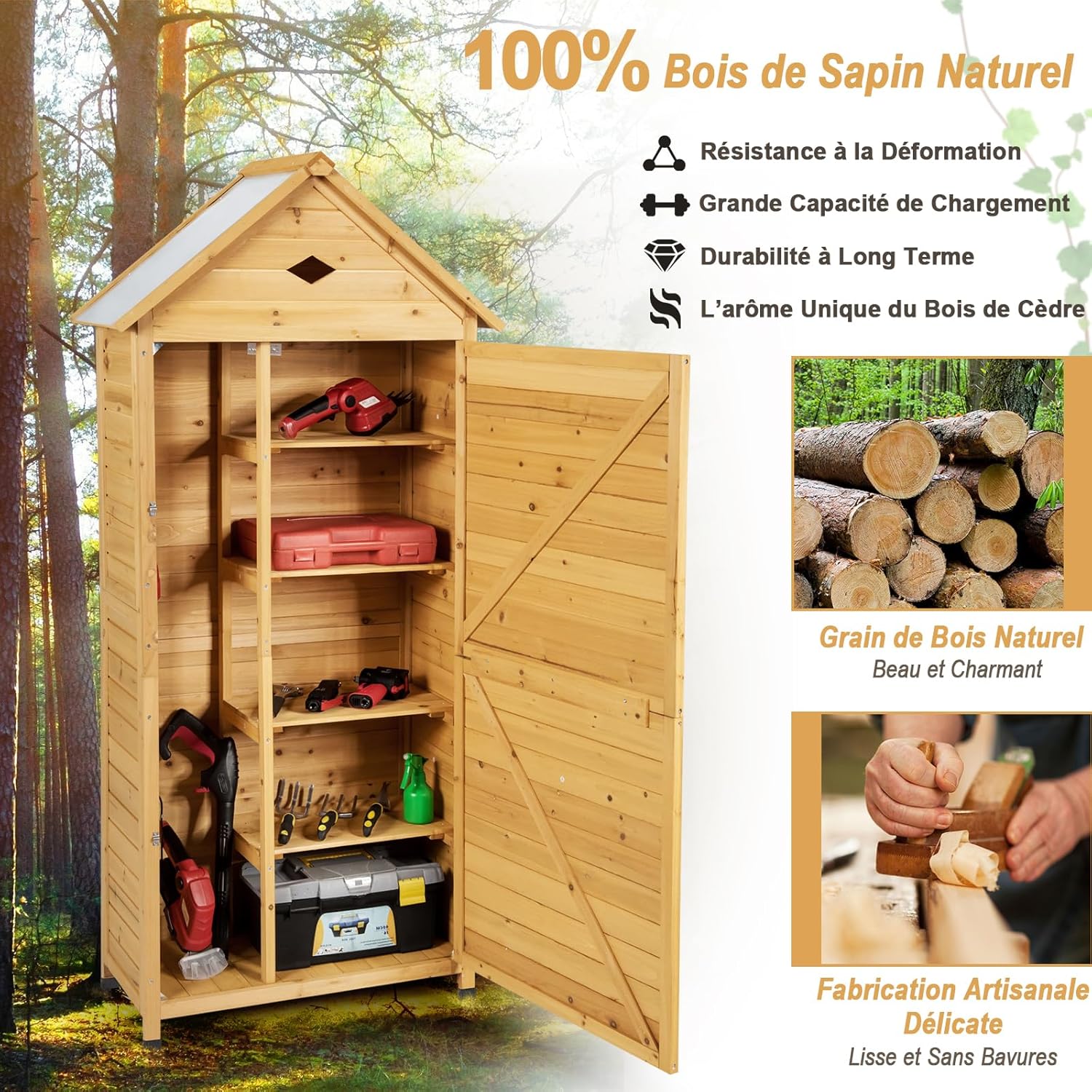 GOPLUS - abri de jardin bois 70x35x176cm, 5 étagères, porte verrouillable