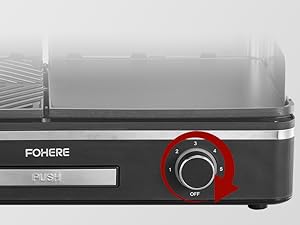 Le texte « FOHERE » se lit sur le devant de la plaque chauffante électrique avec une surface de cuisson noire et une molette de commande surlignée d'un cercle rouge.