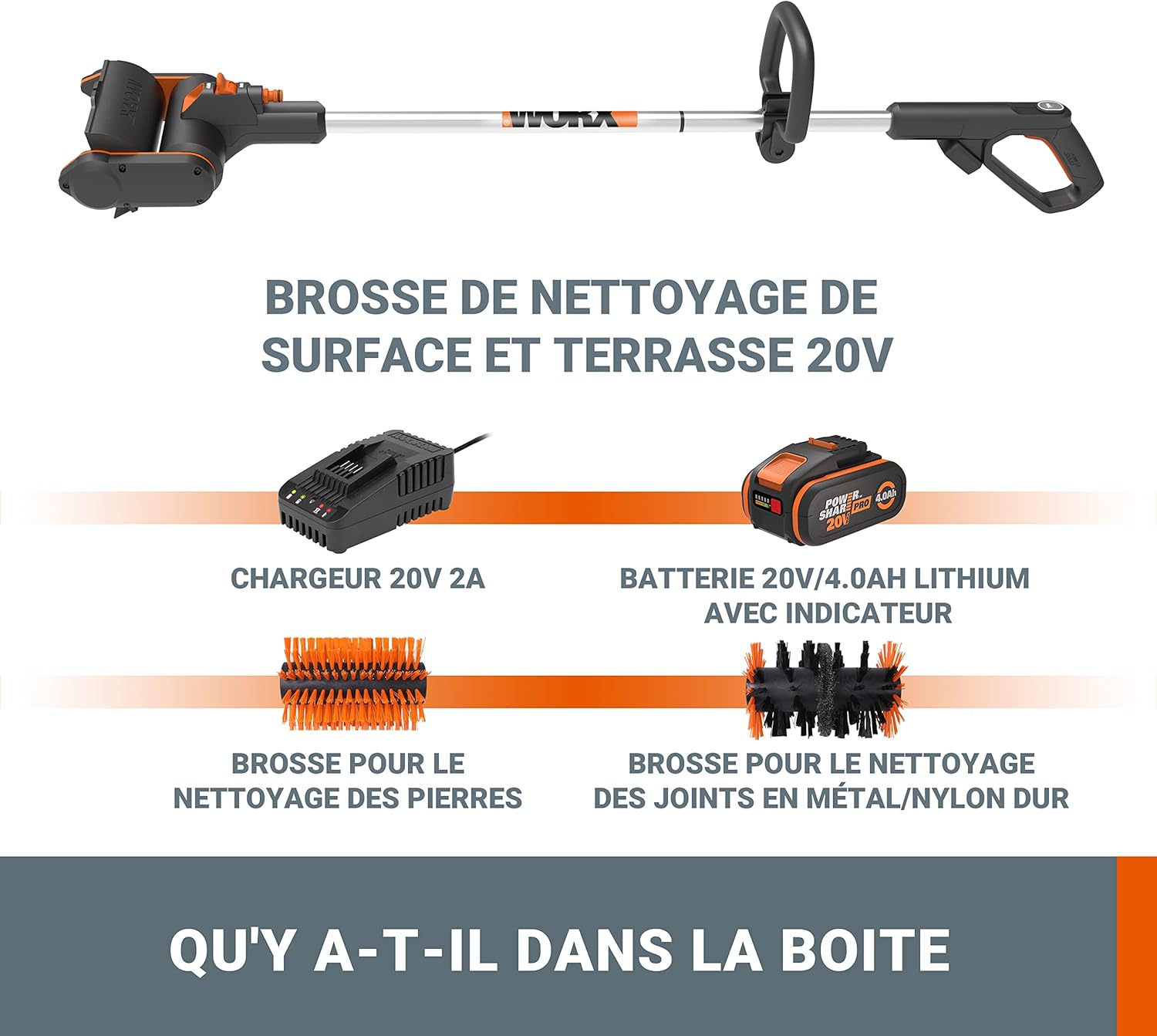 WORX - Brosse de nettoyage 20V - sans fil, 4Ah, chargeur rapide WG441E